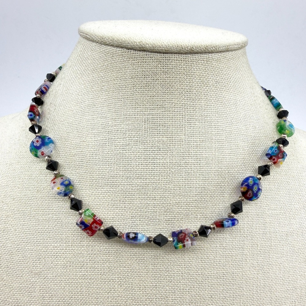 Millefiori Glass Bead Necklace Colorful Floral Pattern Black Faceted Accent Gift